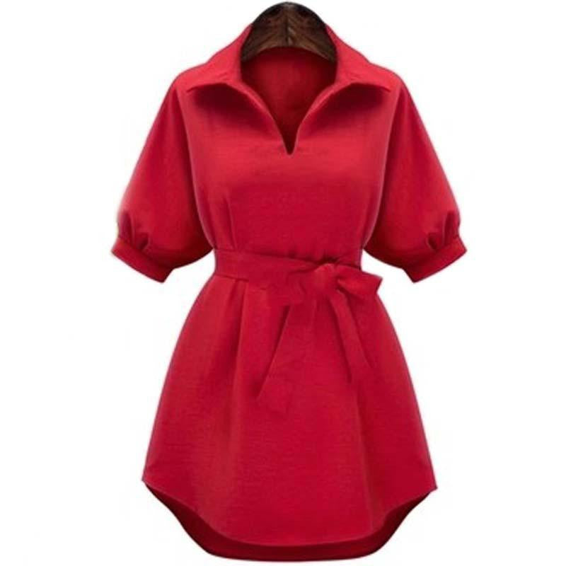 XXXL 2XL-5XL Plus Size Women Clothes Tops With Sashes Half Sleeve Red Blue Tunic Shirt Oversized T64655R