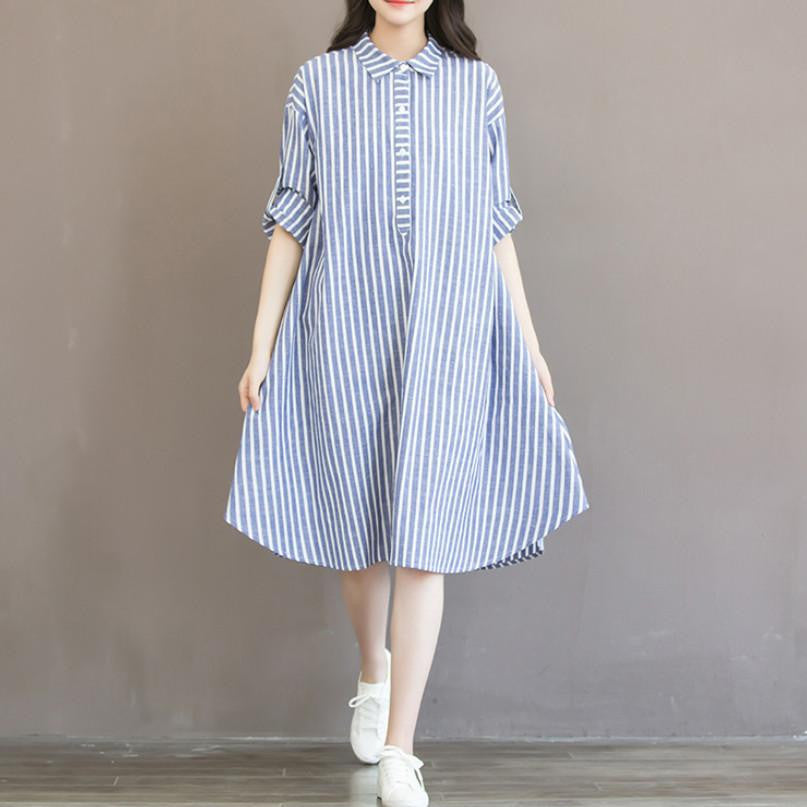 Striped Long Sleeve Comfortable Cotton Linen Loose Casual Shirt Dress Plus Size Women Dresses H243
