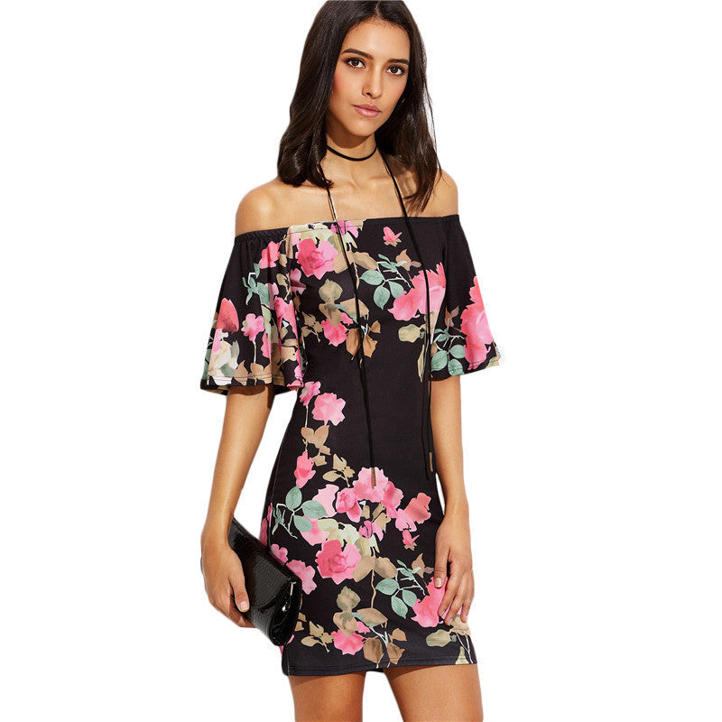 Online discount shop Australia - Elegant Dresses Ladies Multicolor Floral Print Short Sleeve Off The Shoulder Bodycon Dress
