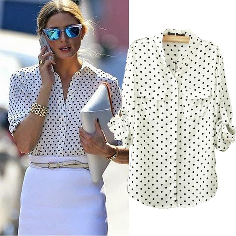 Online discount shop Australia - Fashion Women Blouse Long Sleeve Casual Shirt Polka Dot Printed chiffon Shirt Plus Size