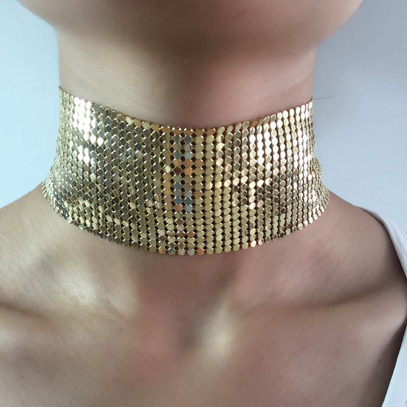 Punk Style Jewelry Wide Mesh Choker Gold Plated Alloy Statement Necklace For Women