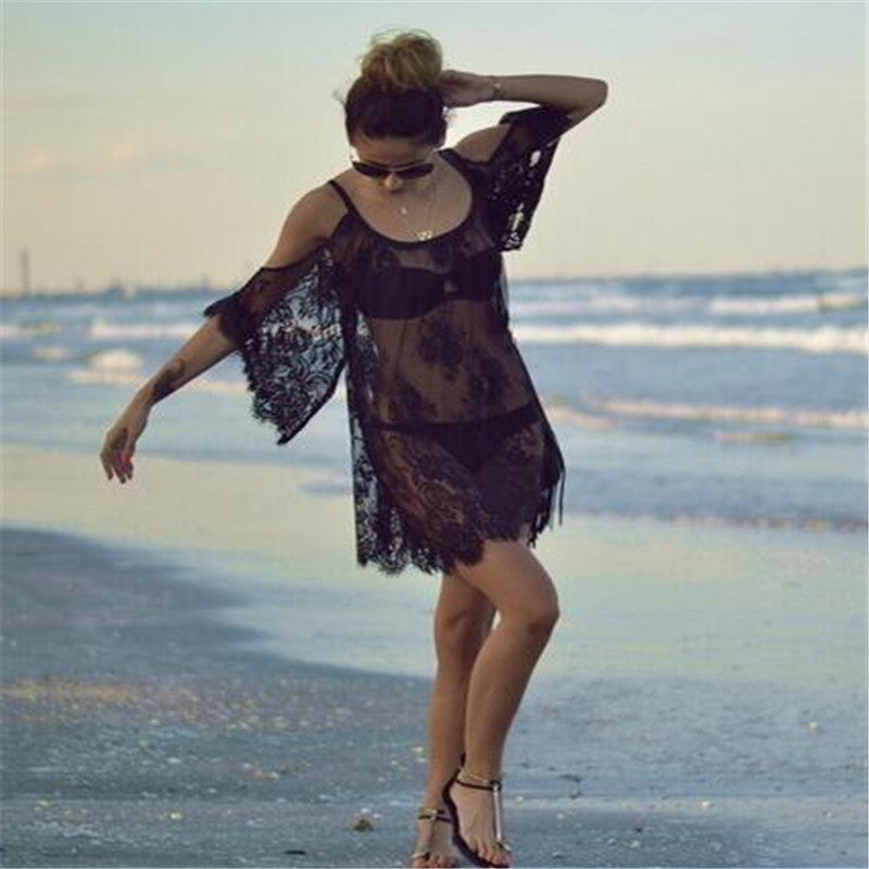Women Beach Dress Strap Sheer Floral Lace Embroidered Crochet Summer Dresses Hippie Boho Dress Vestidos Beach Wear