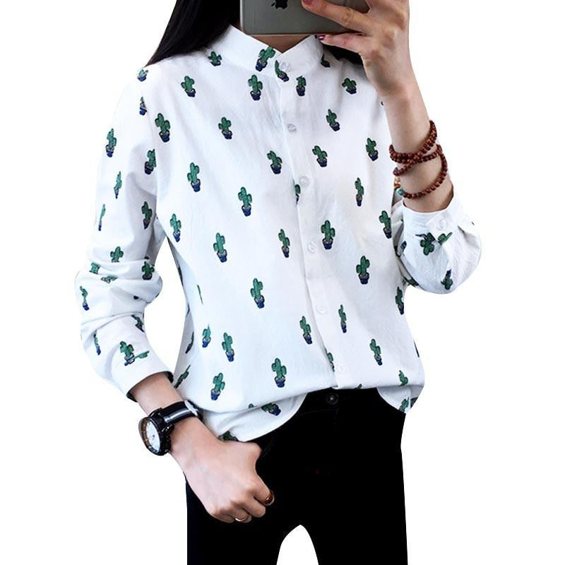 Women Fashion Blouses Long Sleeved Sweet Cute Shirts Cactus Printed Stand Collar Casual Leisure Tops Plus Size