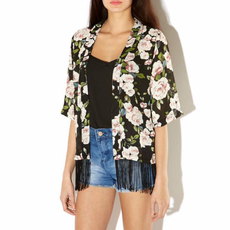 Online discount shop Australia - Jimshop Women Chiffon  Cardigan Tassel Regular Floral Print Blouse