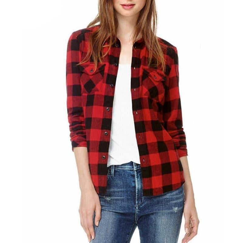 Womens Long Sleeve Blouses Lapel Casual Classical Black Red Plaid Shirts Tops US Plus Size 4-22