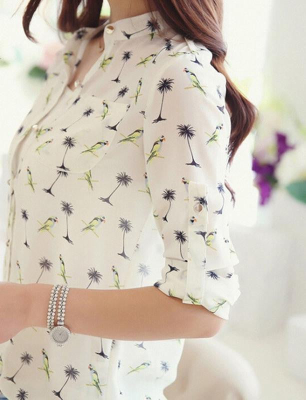 Women Long Sleeve Bird Printed Dot Chiffon 2 Styles Shirts Fashion Slim Blouses Shirts