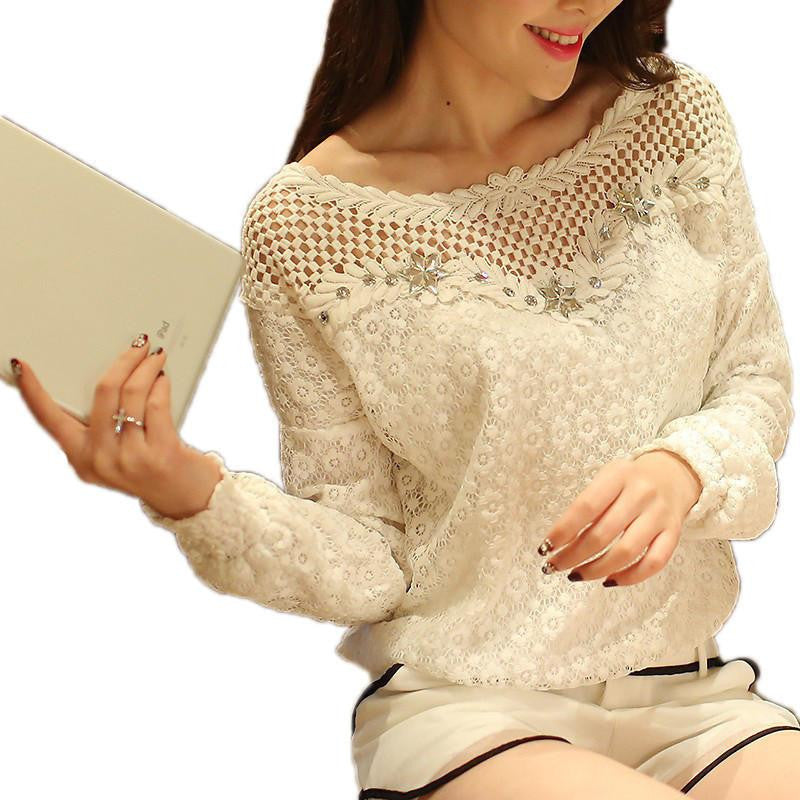 Women Lace Blouse Crochet Hollow Out White Tops Shirts Casual