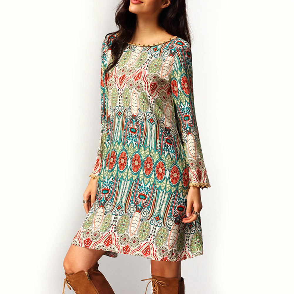 Boho Style Women Party Evening Summer Beach Dress Long Sleeve Crew Neck V Back Bohemia Sundress