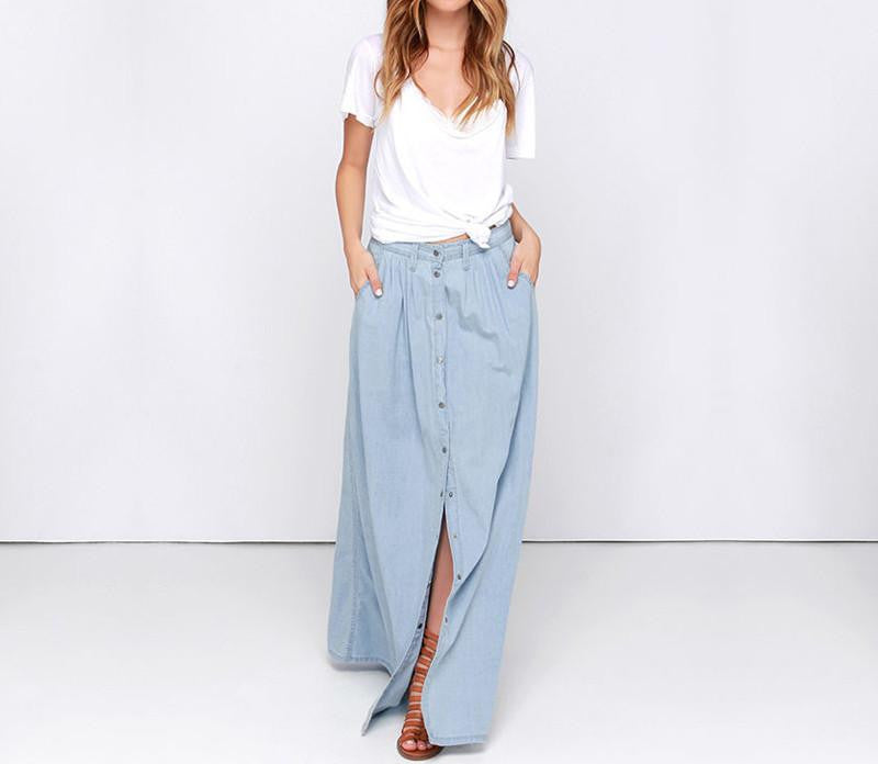 Women Long Denim Skirt Casual Loose High Waisted Single Breasted Maxi Jean Skirt