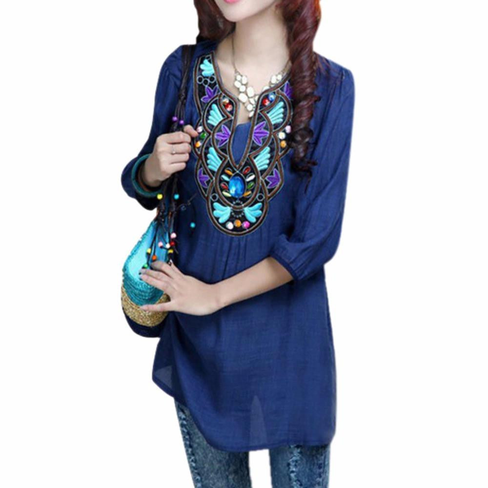 Women Boho Ethnic Embroidery Long Tops Blouse 3/4 Sleeve Pullover Shirt