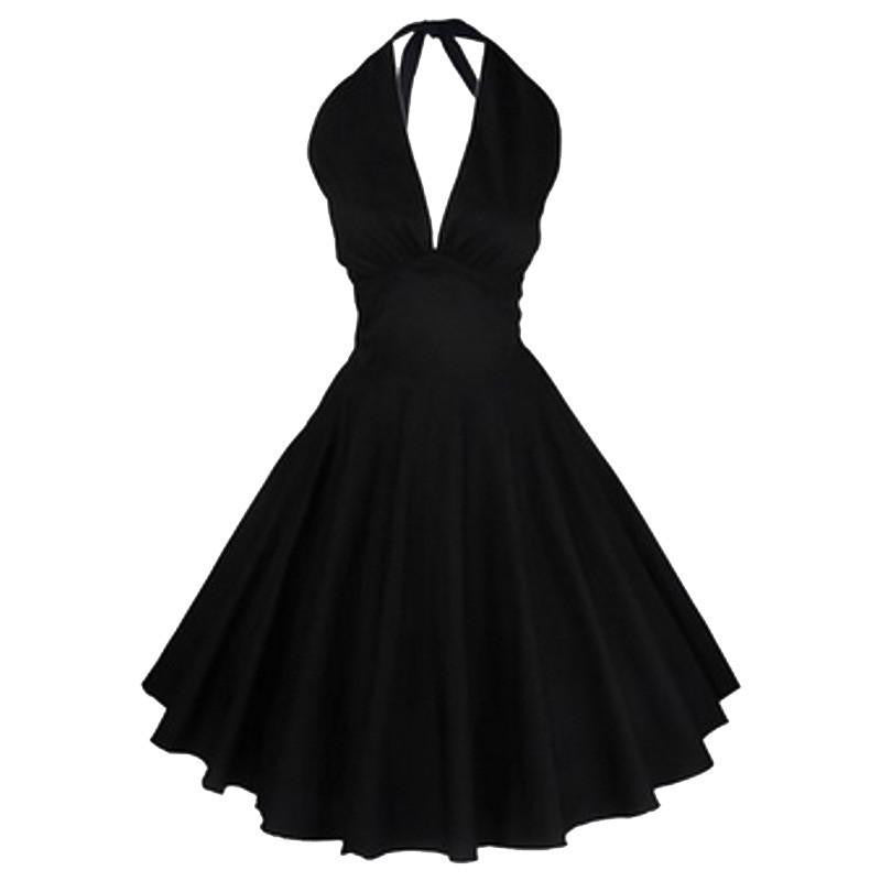 Tonval Women Vintage Rockabilly Black Dress Audrey Hepburn 50s V Neck Backless Evening Party Halter Summer Dresses