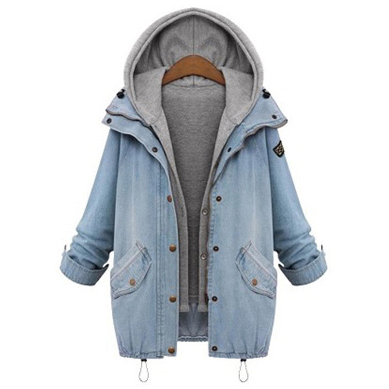 Blue Hooded Drawstring Boyfriend Trends Jean Swish Pockets Two Piece Outerwear Women Long Sleeve Buttons Coat