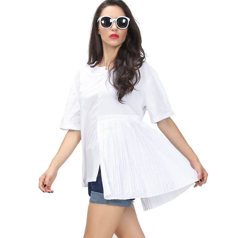 Online discount shop Australia - Asymmetrical pleating stitching short-sleeved women new