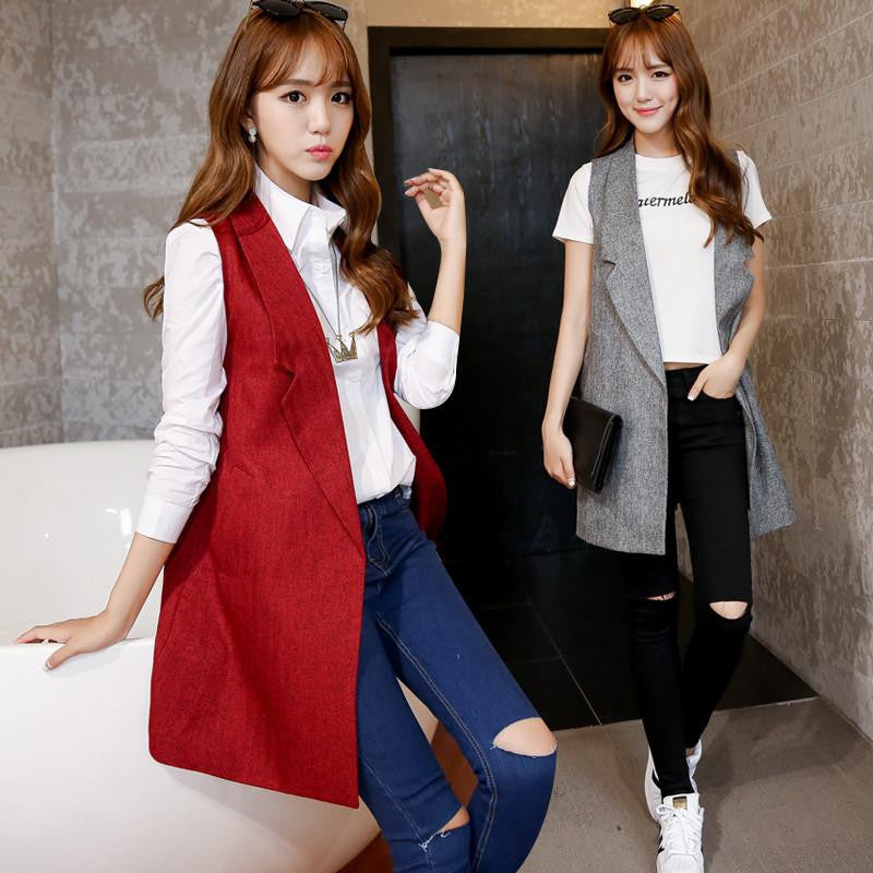 Women Fashion Slim Sleeveless Blazer Lapel Jacket Coats Solid None-Button Long Waistcoat Vest Chalecos