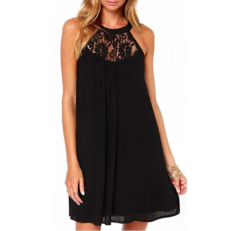 Women Casual Lace Chiffon Dresses Sleeveless Loose Party Mini Solid Dress Vestidos Plus Size