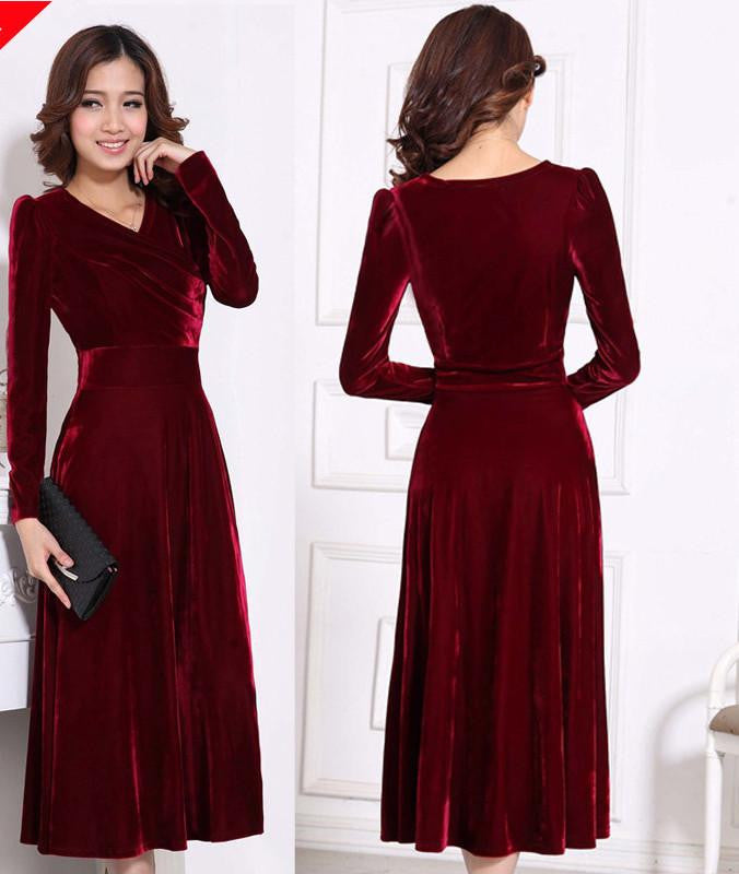 Women Winter Dress V-Neck Long Maxi Velvet Dresses Elegant Ladies Formal Party Red Dresses black,red,blue