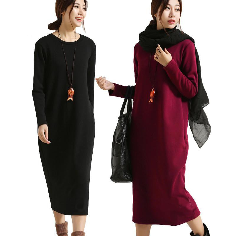 Winter Dress Women Dress Plus Size Velvet Thickening Thermal Basic Dress Long Sleeve Solid Warm Dress S59