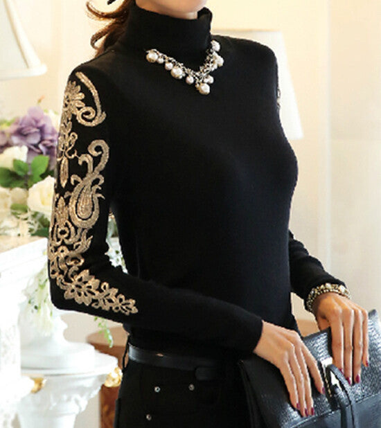 Online discount shop Australia - Elegant High Collar Embroidery Woman Thicken Knitting Cotton Blouse