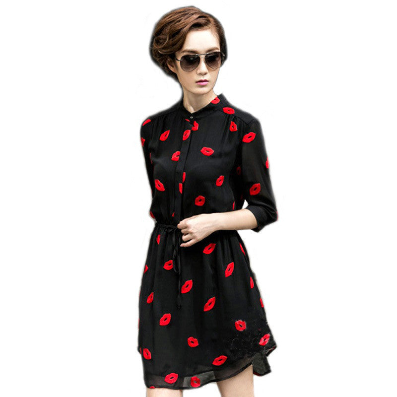 Online discount shop Australia - Embroided Dress Lips ChiffonThree Quarter Sleeve Stand Collar Adjustable Waist Casual Bodycon Ladies Shirt Dress Black Vestidos