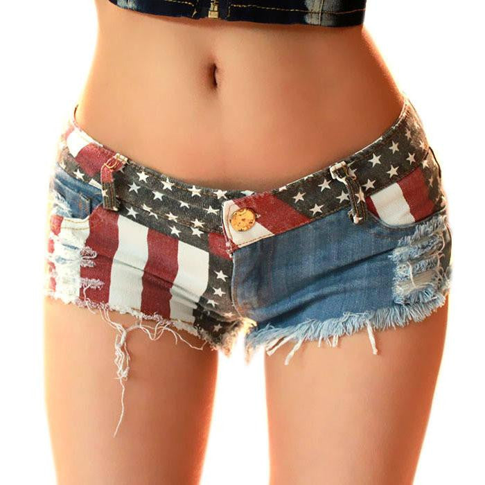 Women Shorts American US Flag Printed Mini Jeans Pants Denim Low Waist Tassel Hole Lady Short Pants