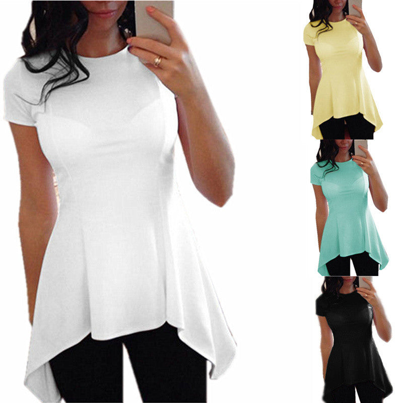 S-4XL Plus Size Women Blouse Short Sleeve O-neck Irregular Hem Peplum Waist Slim Fit Solid Shirt Ladies Tops