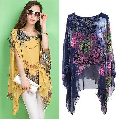 Women Batwing Sleeve Loose Chiffon Floral Print shirt Blouse Tops