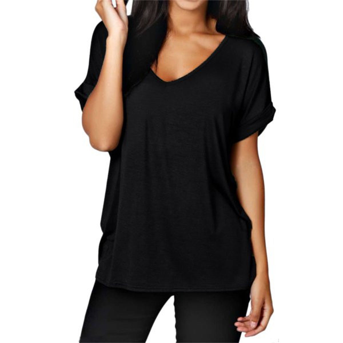 Online discount shop Australia - Fashion Sexy V Neck Short Sleeve Women Blouses Loose Solid Tops Plus Size