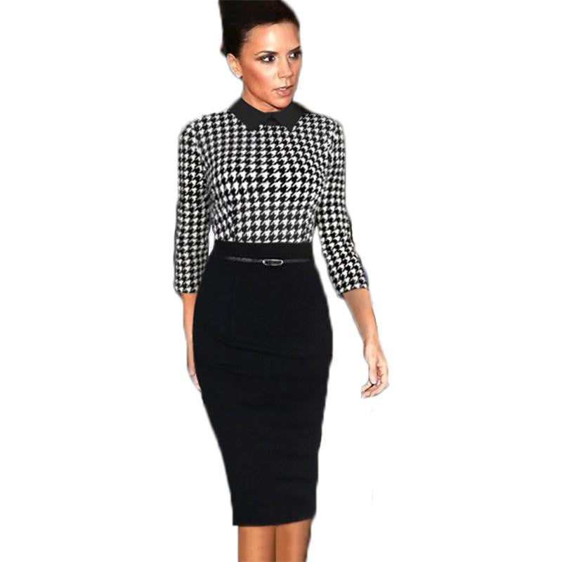 Top Grade Women Celebrity Style Turn-Down Collar Classic Plaid Tunic Formal Office Evening Party Stretch Bodycon Pencil Dress