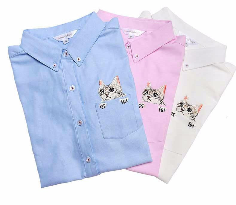 Women Blouse Cats Embroidery Long Sleeve Work Shirts Women office Tops White shirts for business