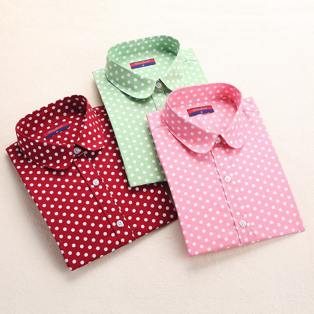 Red Polka Dot Shirts Women Cotton Blouses Long Sleeve Ladies Tops Collar Shirt Female Plus Size 5XL Clothing For Women