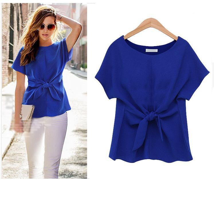 Online discount shop Australia - Fashion Short Sleeve shirt Bow Chiffon Shirt O-neck Office Women's Chiffon Blouse Blue/White/Rose