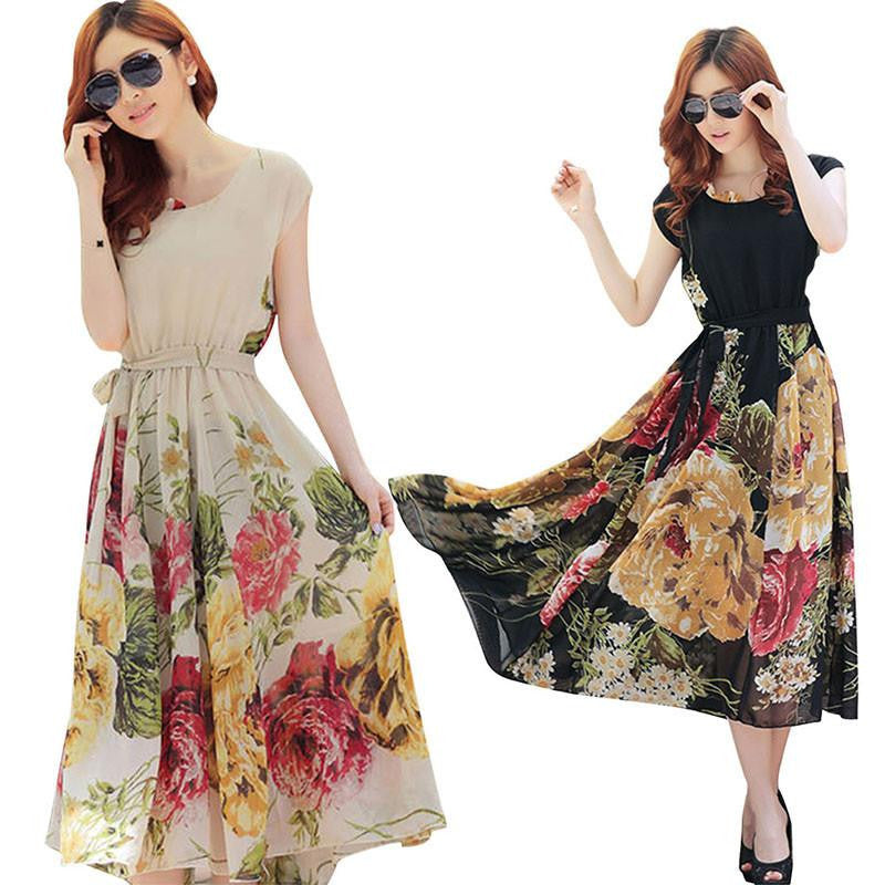 Summer floral print maxi dresses women casual loose chiffon o-neck long dress plus size vestido