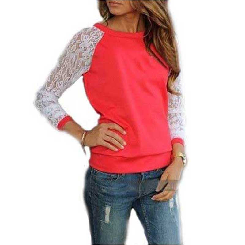 Online discount shop Australia - Lace Blouses Shirts Women Long Sleeve Blouse shirt Blouse Tops Solid O Neck Casual Shirts 5 Colors