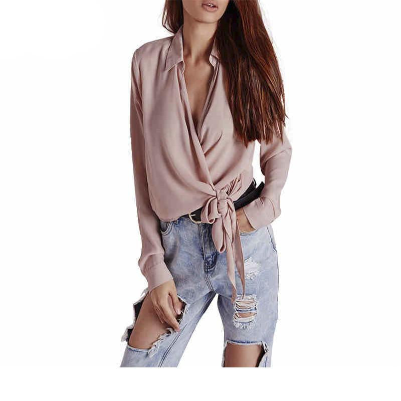 Women Pure Long steeve Shirt V-Neck Pink Solid Street Style Blouse