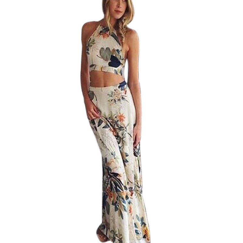 Club Party Dress Women Bodycon Dresses Boho Print Halterneck Long Maxi Dress Beach Dress