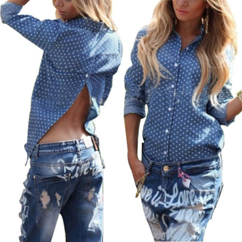 Online discount shop Australia - Fashion Women Sexy Blackless Blouse Heart Print Blue   Casual Down Collar Long Sleeve Back Split Shirt Top Plus Size