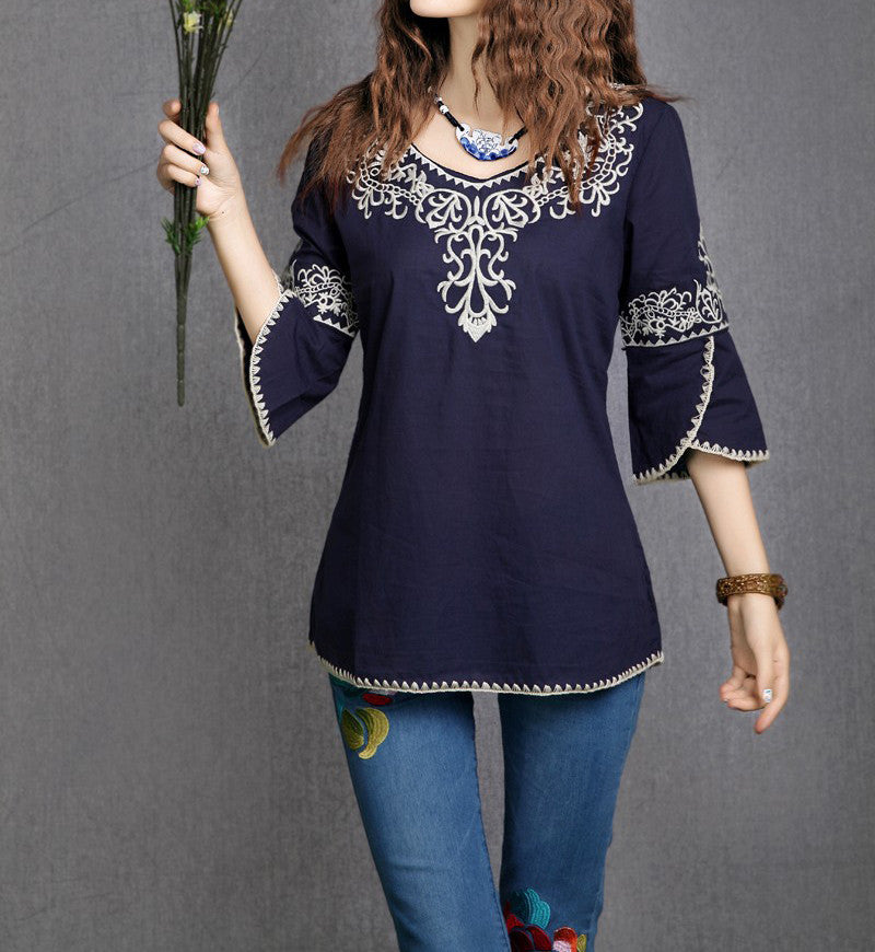 Fashion Women Girls Pattern Totem Vintage Cotto Embroidery Casual Shirts Tops