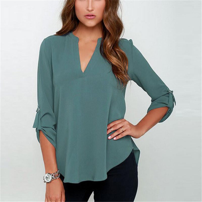 Women V Neck Chiffon Blouse Casual Long Sleeve OL Style Solid Shirts Tops 6 Colors Plus Size S--3XL