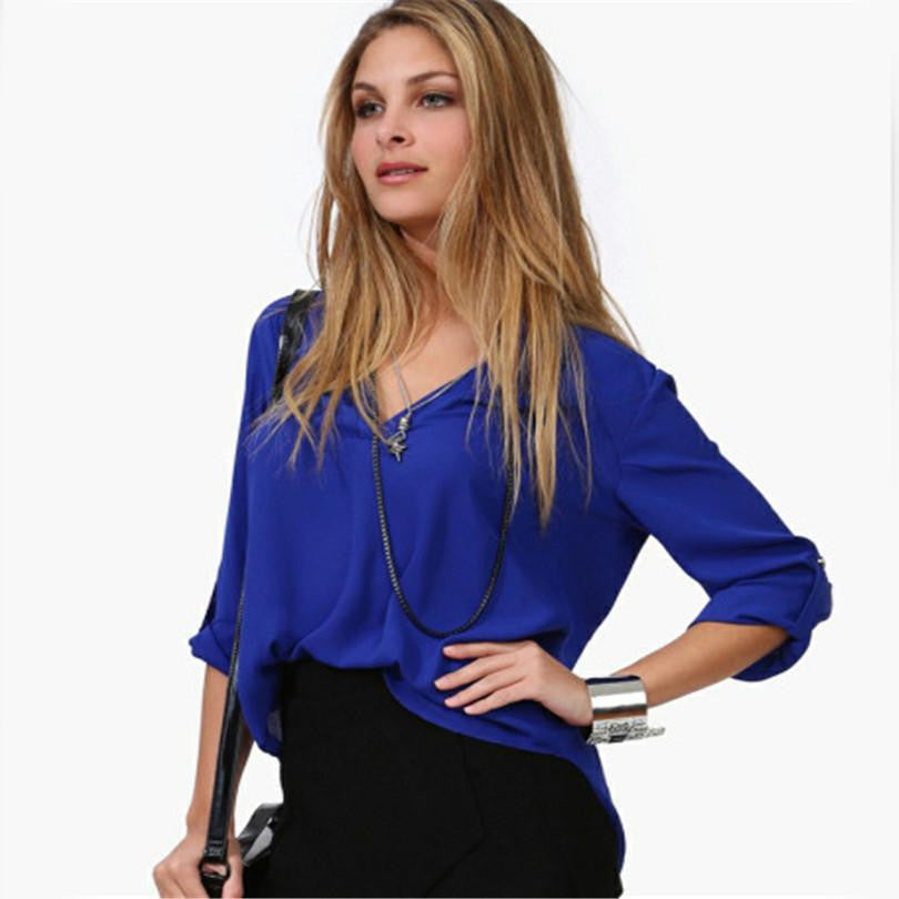 Women Chiffon Blouse V-neck Long Sleeve Casual Women Tops Temperament Solid Shirts Plus Size M-XXL S016
