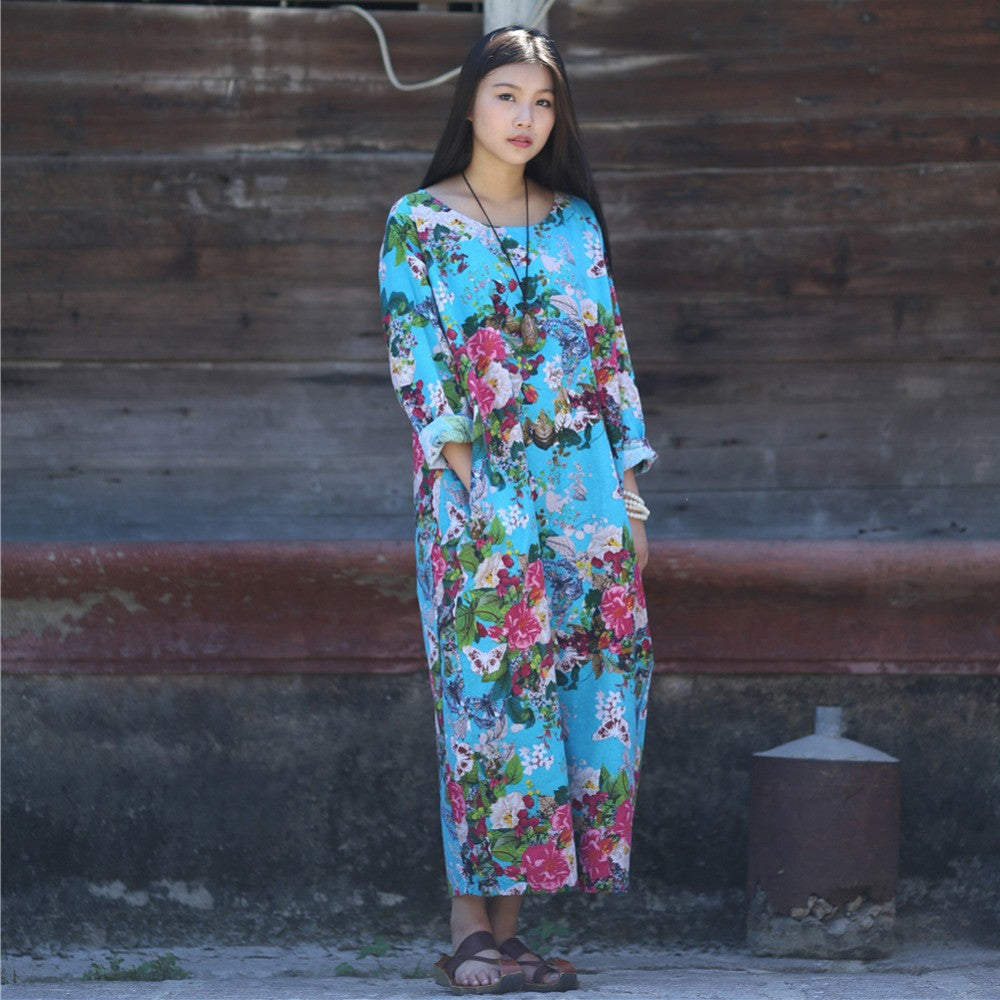 Online discount shop Australia - Dress O-neck Flower Print with Butterfly Loose Casual Linen Dresses Vintage Women Dress Vestidos S36