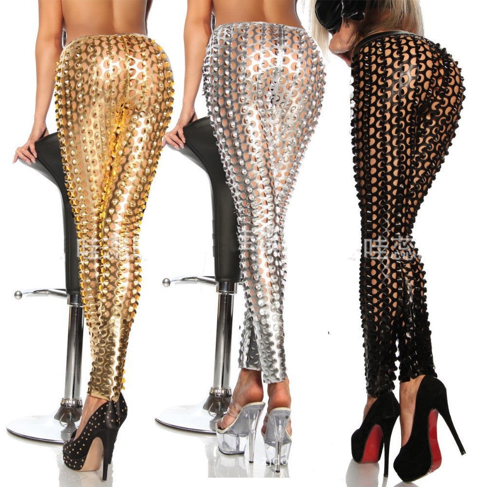 Fashion Women's Gothic Punk Rock Metal Bright Pierced Scales Hole Ripped PU Leather Elastic Leggings Stretch Pants