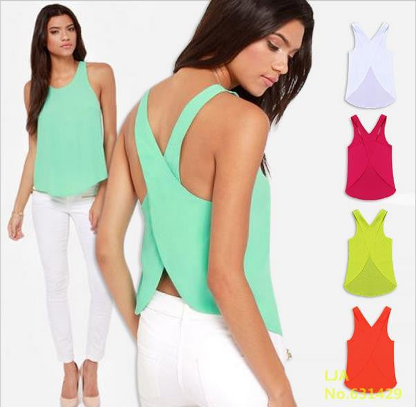 Women Blouses Candy Color Casual Lady Shirts Backless Strap Chiffon Blouse Tops ladies' Vest