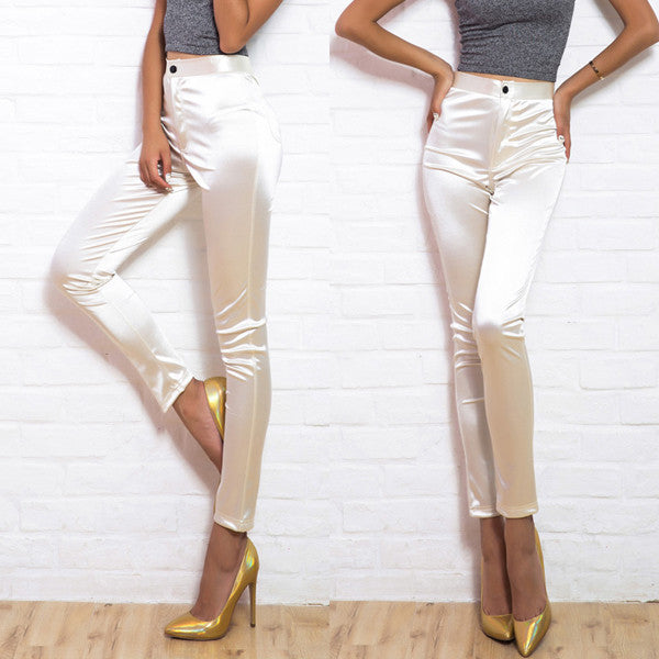 Online discount shop Australia - Disco Pencil Pants Trousers high waist dance Shiny Skinny Gold White Pink nylon spandex stretch women ladies female sexy