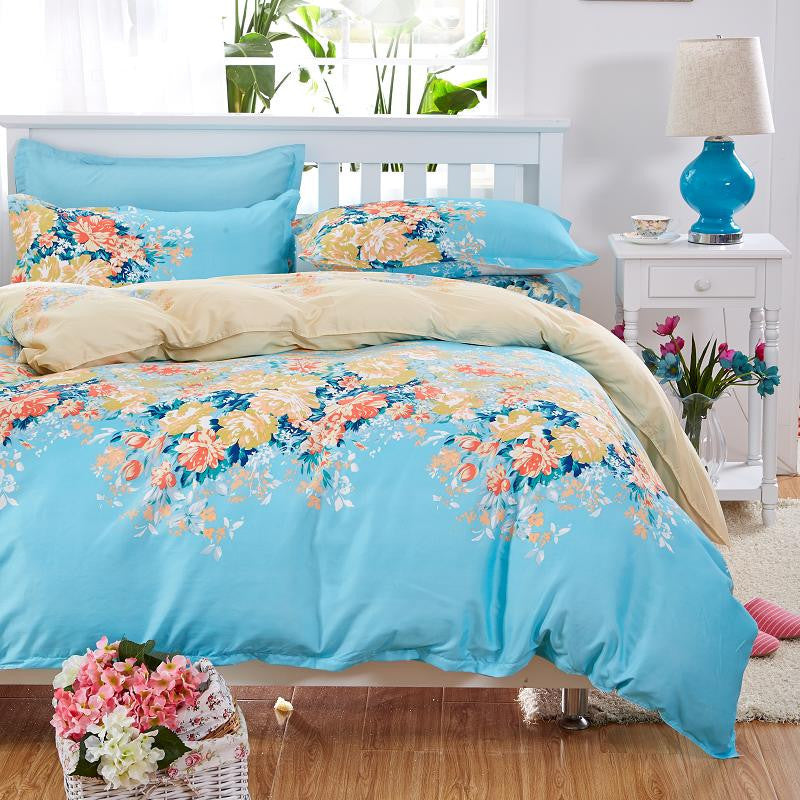 Online discount shop Australia - Elegant Floral Bedding Set Polyester Cotton Bed Linen Sets 4pcs Bedspreads Kids Twin Size Blue Duvet Cover Bed Sheet Set