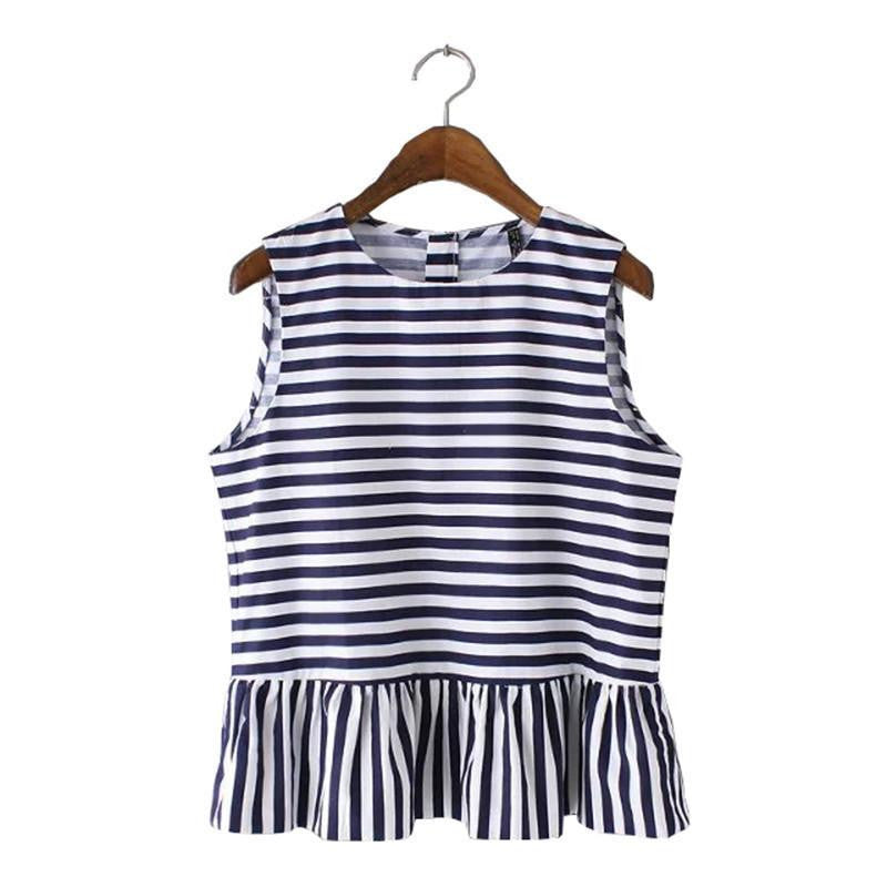 Women Striped Ruffles Tops Fashion Causal Sleeveless Peplum Blouse OL Elegant Blouse Tunic