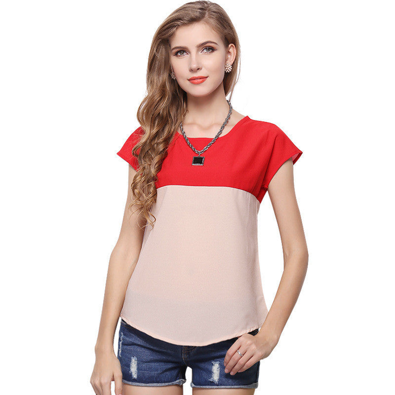 Online discount shop Australia - Fashion Women Clothing Plus Size Women Blouses Patchwork Short Sleeve Chiffon Woman Blouse Tops Shirt