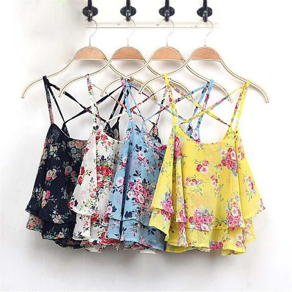 Women Clothing Spaghetti Strap Tank Tops Floral Print Chiffon Shirt Vest Blouses Crop Tops