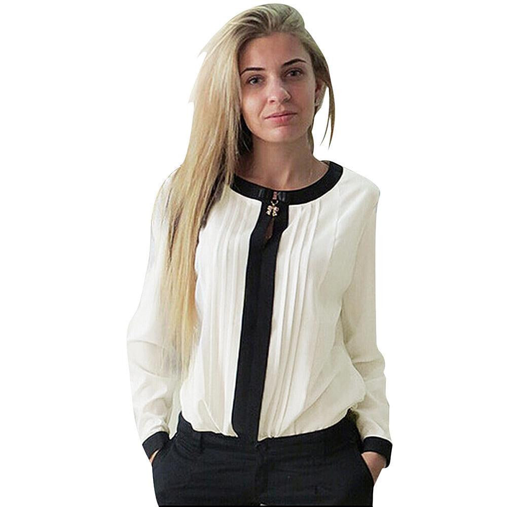 Women Casual Loose Chiffon Pleated Blouse Fashion Patchwork Office OL Long Sleeve Shirt Blouse Top