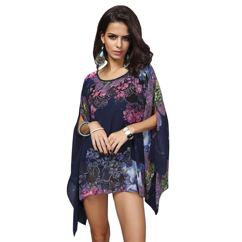 Online discount shop Australia - Korean Style Women Blouse Floral Print Batwing Chiffon Kimono Shirt Big Plus Size Ladies Swimsuit Cover Up Tunic Tops 40407