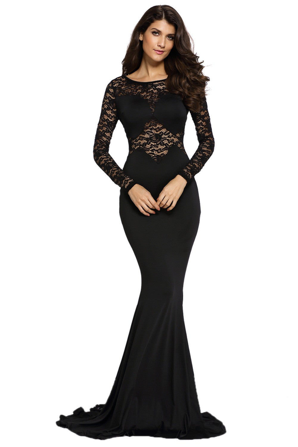 Online discount shop Australia - Ladies Floor Length Dresses Black Lace Long Sleeve Evening Mermaid Party Long Dress